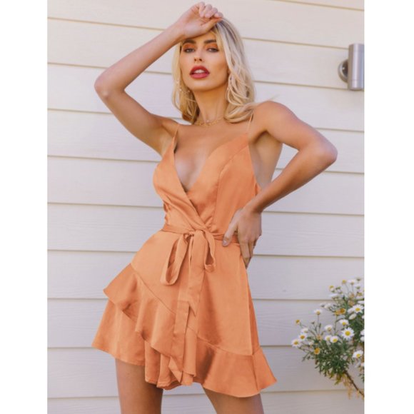Pants - Surplice Belted Silky Ruffle Hem Romper